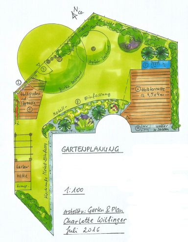 Holzterrasse Kiesbeet Wasserspiel